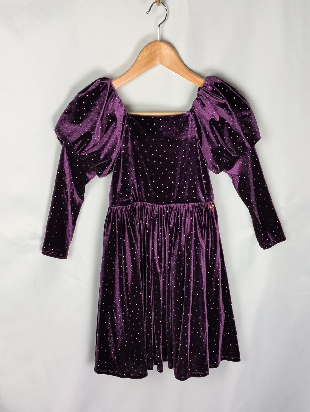 Angel & Rocket Purple Velvet Diamante Studs Puff Sleeve Dress - Size 6